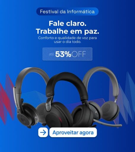 Banner Festival da Informática com headsets; texto ‘Fale claro. Trabalhe em paz.’ e oferta de até 53% OFF.